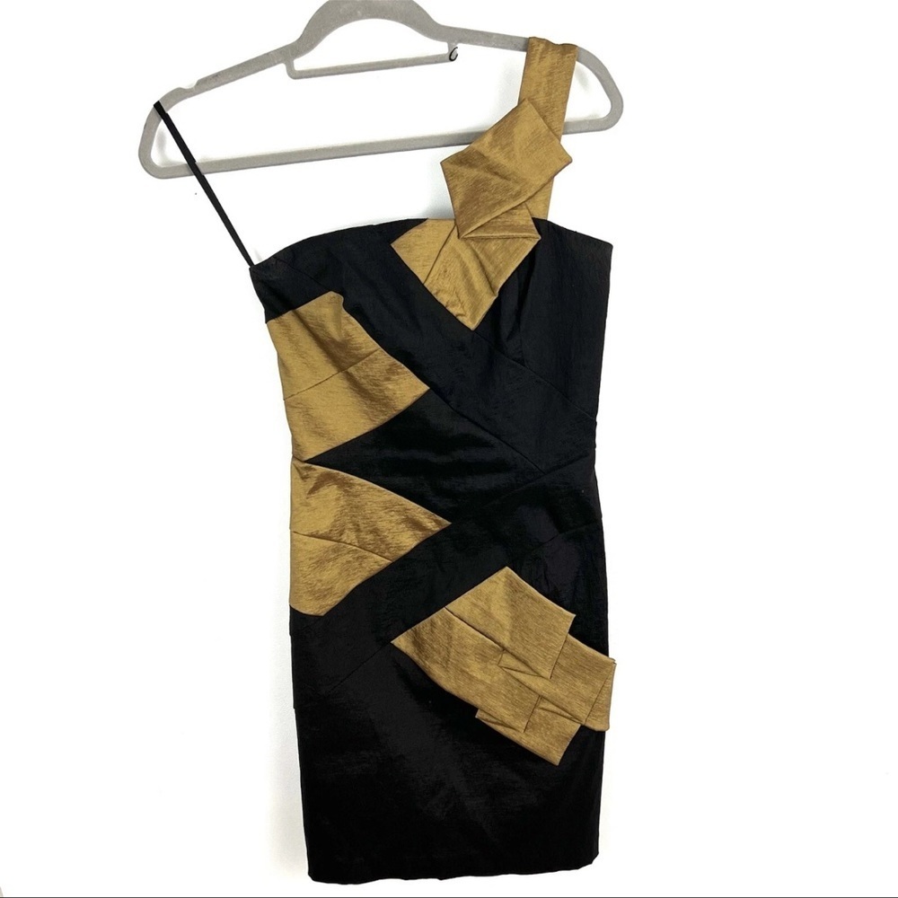 Cache Vintage 80s Bodycon Origami One Shoulder Black & Gold Dress